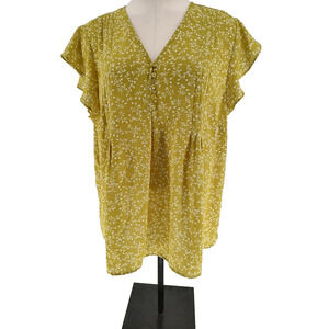 Cynthia Rowley Chartreuse Pull on Floral Tunic Size 1X Rounded Hem Pleated Front